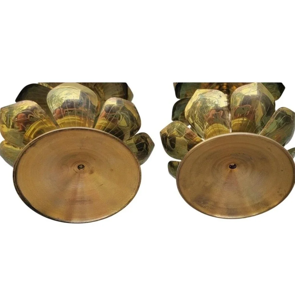 Pair of‎ VTG Brass Lotus Flower PARZINGER Style Candle Holder Hollywood Regency